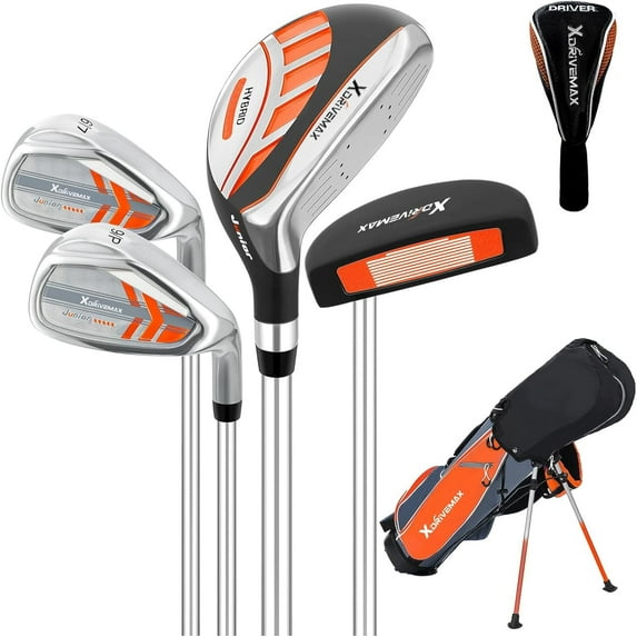 XDriveMax 5 Pieces Kids Golf Club Set, Junior Golf Club Set Ages 4-8 Includes Stand Bag, 5# Hybrid, 6/7#, 9/P# Irons and Putter Right Hand for Boys Girls