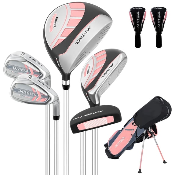 XDriveMax 6-Pieces Golf Club Set, Junior Complete Set for Ages 12-14 with Stand Bag, Right Handed,2 Head Covers,Pink