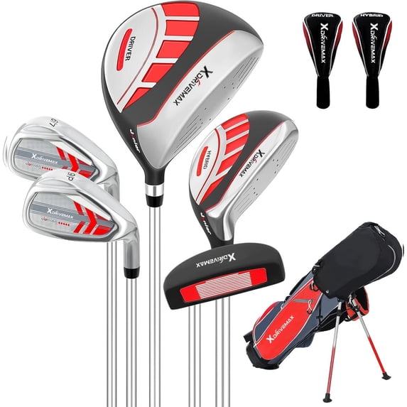 XDriveMax 6 Pieces Golf Club Set, Junior Complete Set for Ages 6-10 with Stand Bag, Right Handed, 2 Head Covers, Red