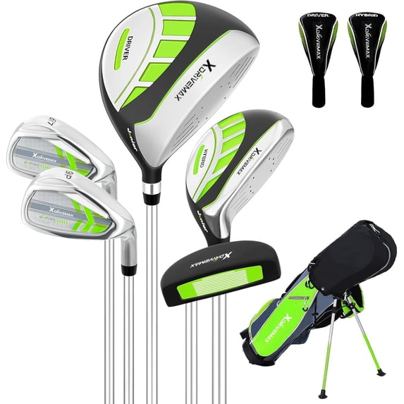 XDriveMax 6 Pieces Golf Club Set, Junior Complete Set for Ages 8-12 with Stand Bag, Right Handed, 2 Head Covers, Green
