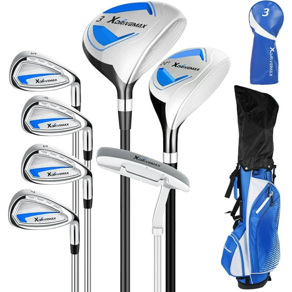 XDriveMax 8-Pieces Complete Golf Club Set for Men Includes Stand Bag with Rain hood , Fairway Wood Head Covers, Hybrid, Irons and Putter, Blue-Left Handed