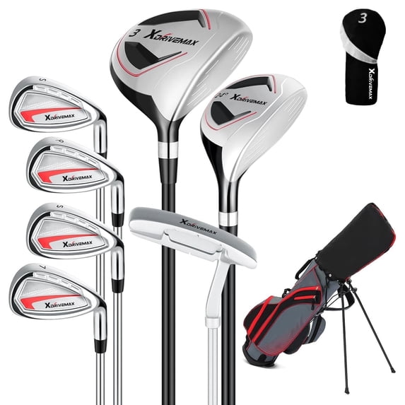 XDriveMax 8-Pieces Golf Club Set, Left-Handed Clubs for Men Includes Wood, Hybrid, Irons, Putter & Bag - Beginner Friendly, High Distance & Accuracy, Red (No Driver)
