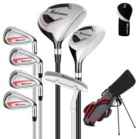 XDriveMax 8-Pieces Complete Golf Club Set for Men Includes Stand Bag with Rain hood , Fairway Wood Head Covers, Hybrid, Irons and Putter, Red-Left Handed