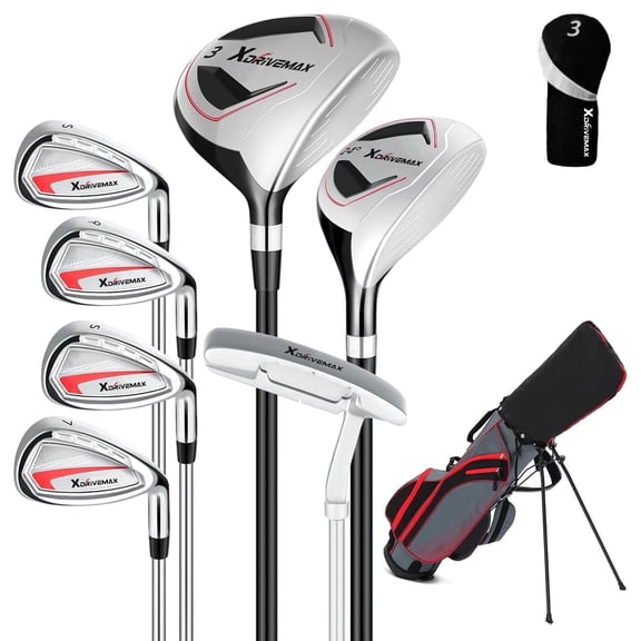 XDriveMax 8-Piece Right Hand Complete Golf Club Set for Men: Wood, Hybrid, Irons, Putter & Bag - Beginner Friendly, High Distance & Accuracy, Red