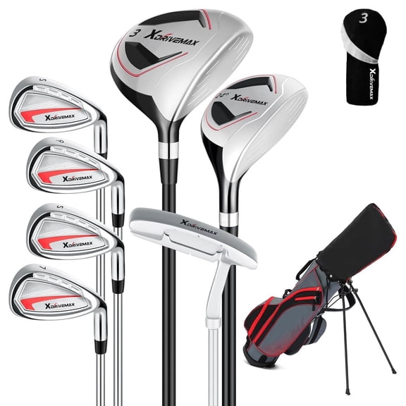 XDriveMax 8-Pieces Complete Golf Club Set for Men Includes Stand Bag with Rain hood , Fairway Wood Head Covers, Hybrid, Irons and Putter, Red-Right Handed