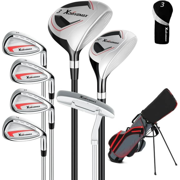 XDriveMax 8-Pieces Complete Golf Club Set Men's Left Handed Set Includes Stand Bag with Rain hood , Fairway Wood Head Covers, Hybrid, Irons and Putter,Red