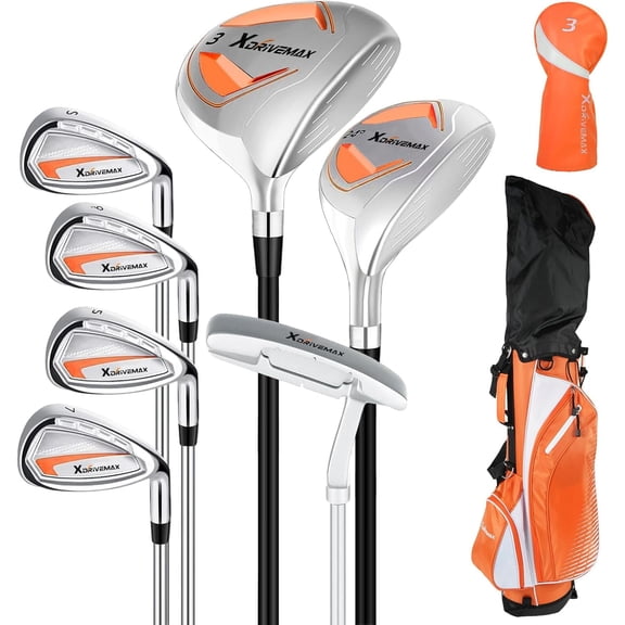 XDriveMax 8-Pieces Complete Golf Club Set for Women Includes Stand Bag with Rain hood , Fairway Wood Head Covers, Hybrid, Irons and Putter, Orange-Right Handed