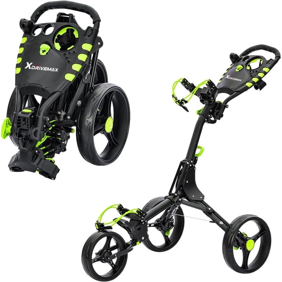 XDriveMax Golf Push Cart 3-Wheel Folding Pull Carts Lightweight with Cup Holders, scorecard Holders, and Storage, Perfect for Golf Clubs and Bags, Green