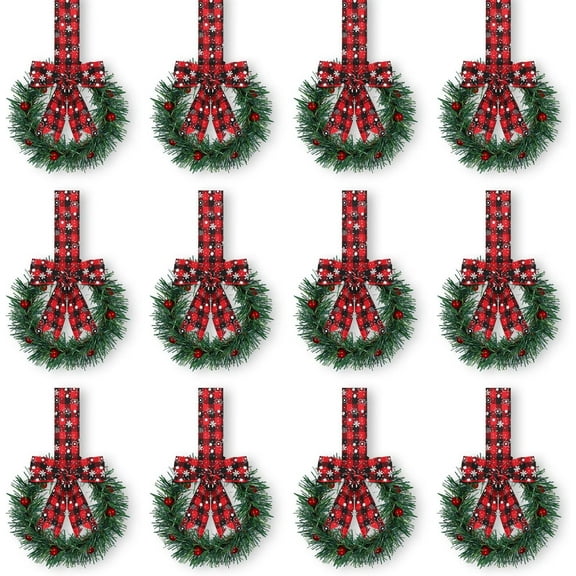 XEAZO 12 Pcs Christmas Kitchen Cabinet Wreaths with Ribbon Mini Christmas Wreath Small Kitchen Cabinet Xmas Decor for Window, Fireplace, Front Door, Table Decorations