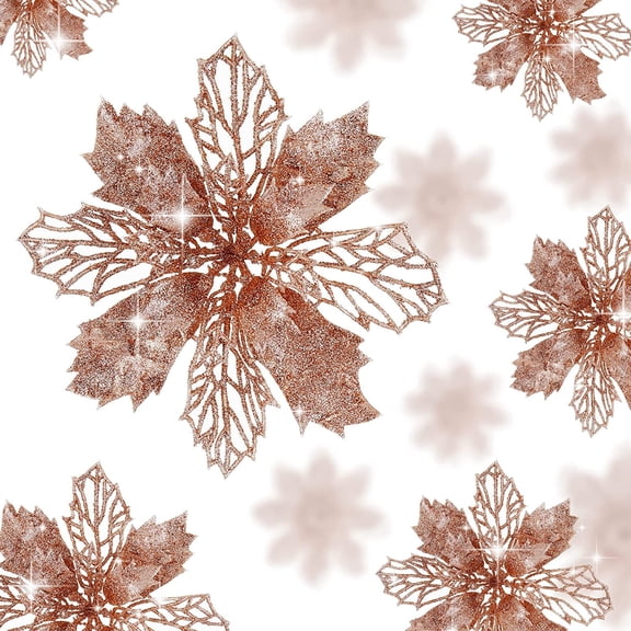 XEAZON 16 Pcs Christmas Glitter Flower, 6.3 inch Christmas Glitter Poinsettia Flowers, Poinsettia Flowers Tree Ornaments, Festival Xmas Decor for Wedding Christmas Party Home Decoration (Rose Gold)