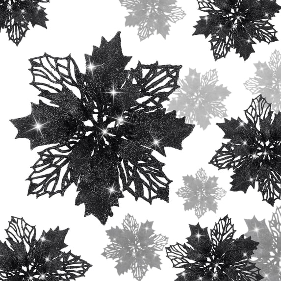 XEAZON 16 Pcs Christmas Glitter Flower, 6.3 inch Christmas Glitter Poinsettia Flowers, Poinsettia Flowers Tree Ornaments, Festival Xmas Decor for Wedding Christmas Party Home Decoration (Black)