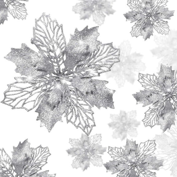 XEAZON 16 Pcs Christmas Glitter Flower, 6.3 inch Christmas Silver Glitter Hollow Leaf, Artificial Poinsettia Flowers Tree Ornaments, Festival Xmas Decor for Wedding Christmas Party Home Decoration