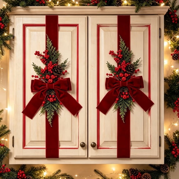 XEAZON 1PC Artificial Christmas Wreath Decor,Wine Red Velvet Bow with Red Berries Pine Cone, 90cm Ribbon Garland for Kitchen Cabinets,Front Doors,Windows,Stairs,Festive Christmas Decoration Hanging