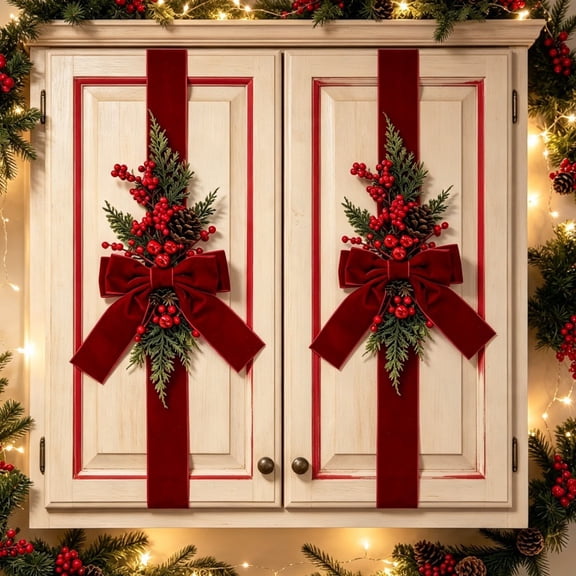 XEAZON 1PC Artificial Christmas Wreath Decor,Wine Red Velvet Bow with Red Berries Pine Cone, 90cm Ribbon Garland for Kitchen Cabinets,Front Doors,Windows,Stairs,Festive Christmas Decoration Hanging