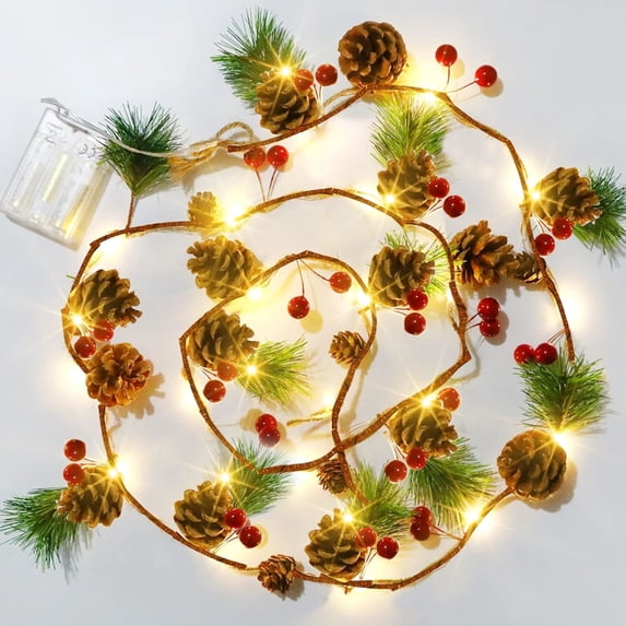 XEAZON 2 Pack Pine Cone Christmas String Lights, 6FT 20LED Battery Operated Christmas Garland with Red Berry Pine Cone Fairy String Lights for Mantle Indoor Outdoor Christmas Decorations