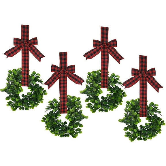 XEAZON 4 Pcs Christmas Kitchen Cabinet Wreaths 11 Inches Mini Cabinet Wreath with Ribbon Small Kitchen Wreath Artificial Farmhouse Hanging Garland for Xmas Front Door Wall Window Decor