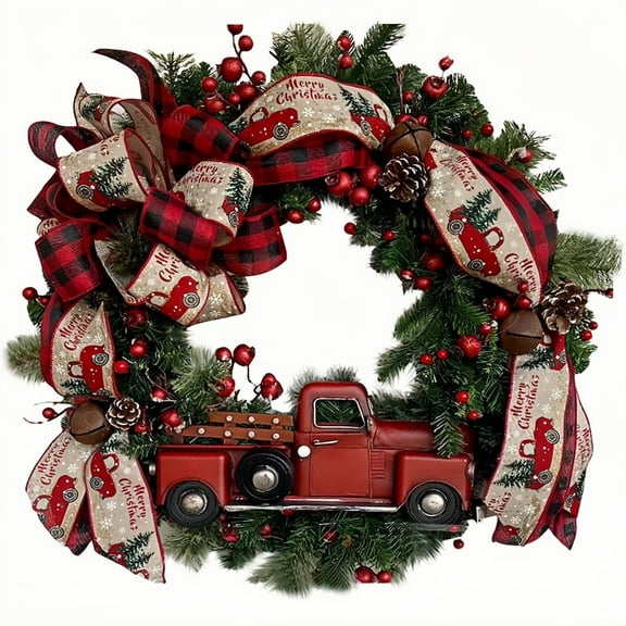 XEAZON Artificial Christmas Wreath, 16 Inch Front Door Christmas Wreath with Truck, Farmhouse Wreath with Berries, Pine Cone and Bow Knot for Home, Party, Holiday, Thanksgiving, Xmas Decor