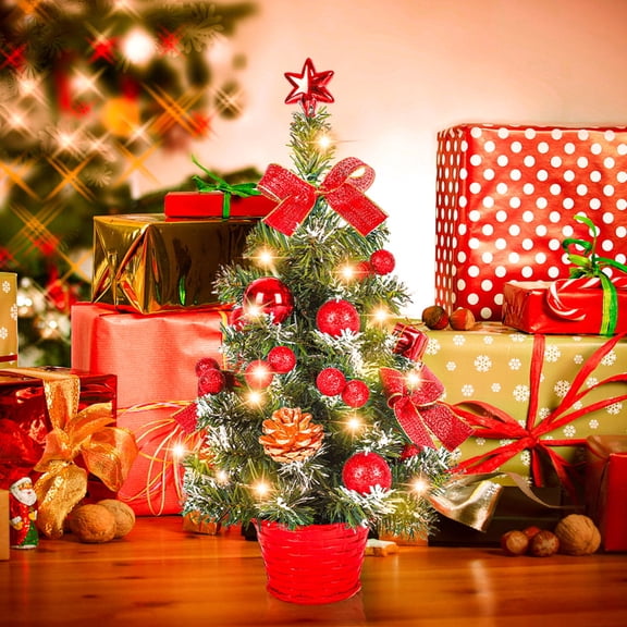 XEAZON Christmas Tree for Tabletop, 16 in Mini Artificial Christmas Tree with LED String Lights, Star Tree Topper, Balls, Bows, Pine Cones for Table Home Office Shopping Bar Christmas Decoration(Red)