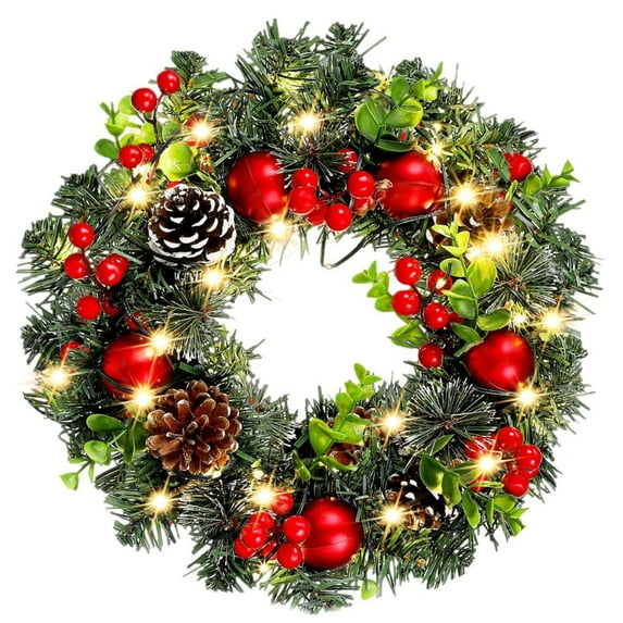 XEAZON Christmas Wreaths for Front Door, 16In Christmas Wreath with LED Lights Pine Cones and Berry Clusters, Festive Hanging Garland for Christmas Wall Fireplace Window Indoor Outdoor Decorations