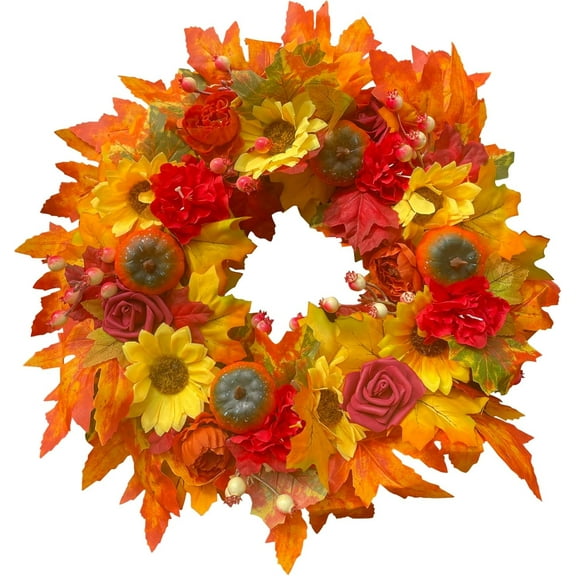 XEAZON Fall Wreath for Front Door, 18 Inch Artificial Wreaths with Pumpkin Pine Cones Berry Maple Leaves Sun Flower, Wreaths for Thanksgiving Harvest Halloween Festival Decorations Indoor and Outdoor