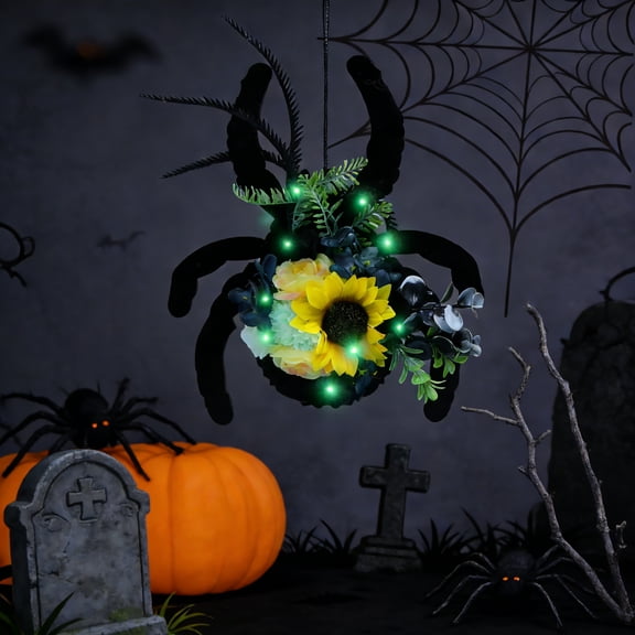 Halloween Door Hanger Wreath Spider Decorations, 30cm Halloween Party Cute Spider Artificial Flower Wreaths Decor with Lights for Front Door Farmhouse Porch Wall Decor Outdoor,Halloween Decorations