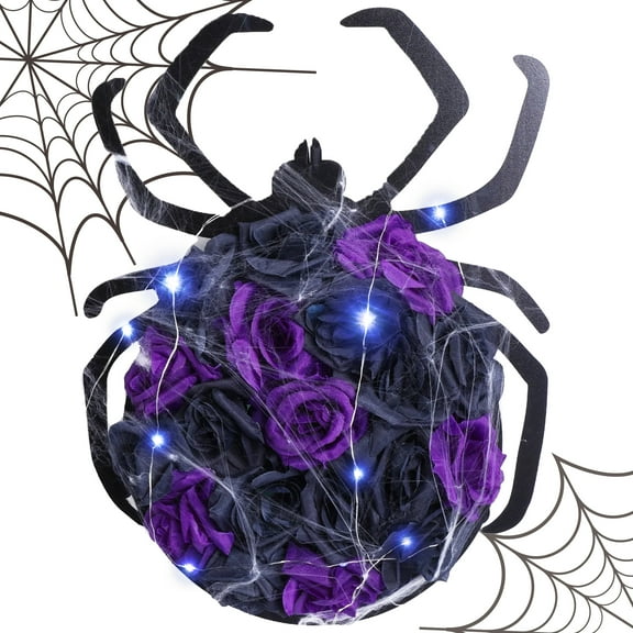 XEAZON Halloween Spider Decorations with Cobweb,Artificial Purple Rose Flower Spider Wreath for Front Door Hanging Decor,Halloween Party Indoor Outdoor Decor Hanger,Halloween Accessories with Lights
