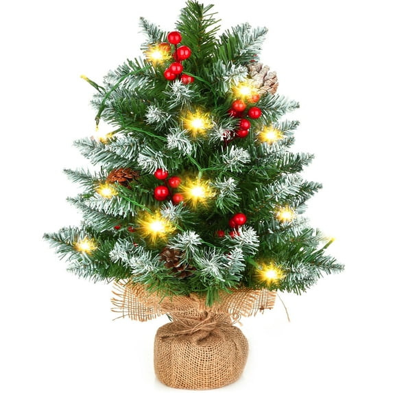 XEAZON Mini Christmas Tree, 18 inch Artificial Small Xmas Tabletop Tree with LED Lights, Red Berries, Pine Cones, Miniature Desktop Christmas Tree Holiday Party Decorations for Table Home Office Shop