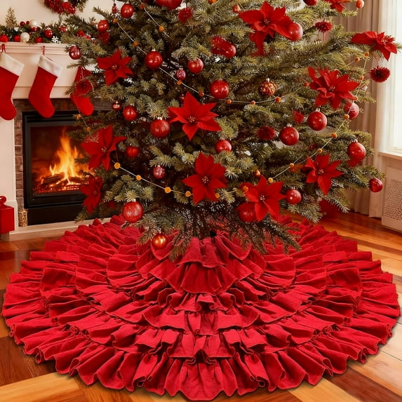 XEAZON Red Ruffle Christmas Tree Skirt Decor, 48 Inches 6-Layer Large Fluffy Poinsettia Tree Skirt for Artificial Trees 6-7 FT, Vintage Rustic Farmhouse Red Christmas Decorations Ornaments Xmas Decor