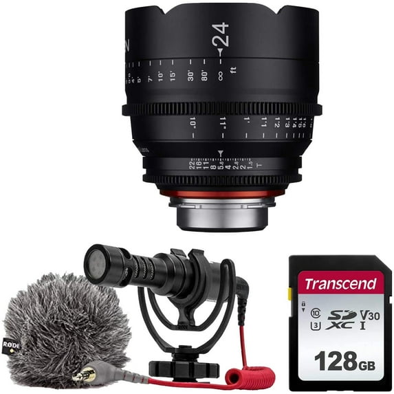 XEEN by ROKINON 24mm T1.5 Professional Cine Lens for Canon EF Mount + Rode VideoMicro Compact On-Camera Microphone with Shock Mount and Furry Windshield + 128GB High Speed Memory Card