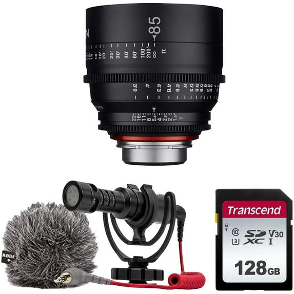 XEEN by ROKINON 85mm T1.5 Professional Cine Lens for Sony FE Mount + Rode VideoMicro Compact On-Camera Microphone with Shock Mount and Furry Windshield + 128GB High Speed Memory Card