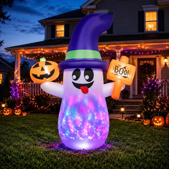 XEENSO 5ft Halloween Inflatable Ghost with Rotating Colorful Lights Blow Up Indoor/Outdoor Halloween Decoration for Yard Lawn