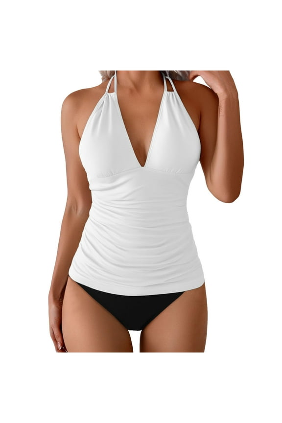 1 Piece Swimsuit Women Plus Size Tummy Control Women's Tankini Top No Bottom V Neck Swim Top Bathing Suit Top White Size XXL