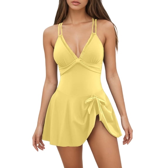 XEGLSBU 1 Piece Swimsuit Women Pushup Elegant Plus Size Swimsuit with Skirt Swimwear for Full Figure Swimsuit Bathing Yellow Size S
