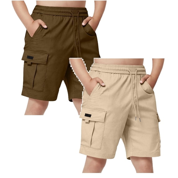 XEGLSBU 2 Pack Boys Cargo Shorts with Drawstring Waist Pockets Casual Straight Leg 5 Inch Pants for Kids Size 7-8 Years