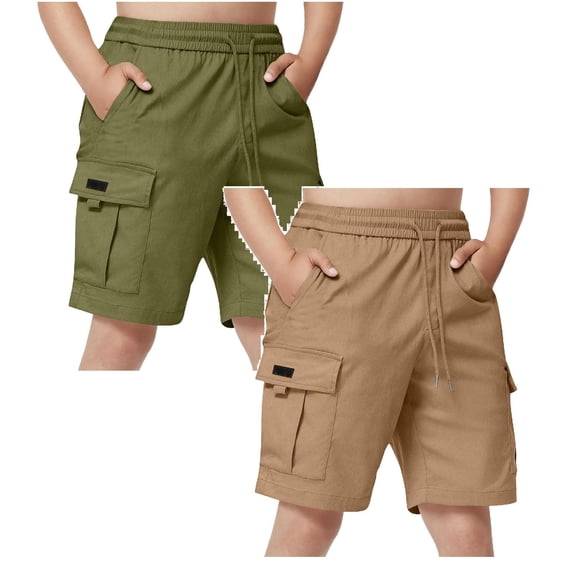 XEGLSBU 2 Pack Boys Cargo Shorts with Drawstring Waist Pockets Casual Straight Leg 5 Inch Pants for Tween Size 11-12 Years