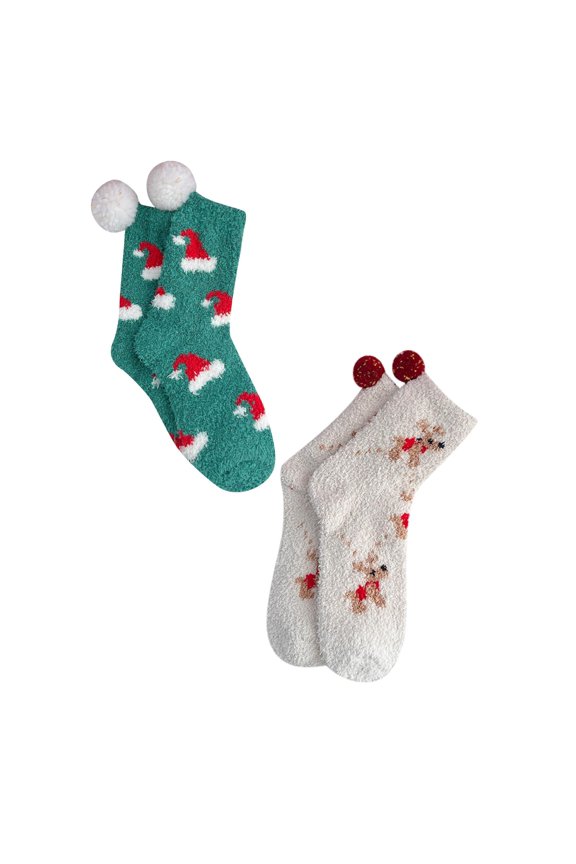 2 Pack Christmas Stocking Holder Stand for Floor Christmas Cartoon Coral Velvet Mid Tube Socks Warm Thick Red One Size