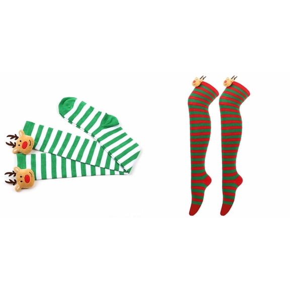 XEGLSBU 2 Pack Christmas Stocking Stuffers for Adults Stockings Knee Length Stockings Party Socks European and Holiday Striped Socks Reindeer Socks One Size