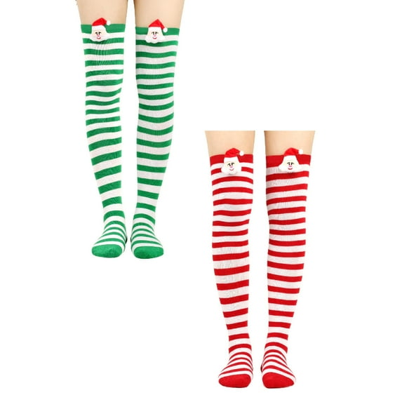 XEGLSBU 2 Pack Christmas Stockings Mini Knit Christmas High Long Stockings over Knee Socks Christmas Party Socks Knee High Long Striped Stocking Socks One Size