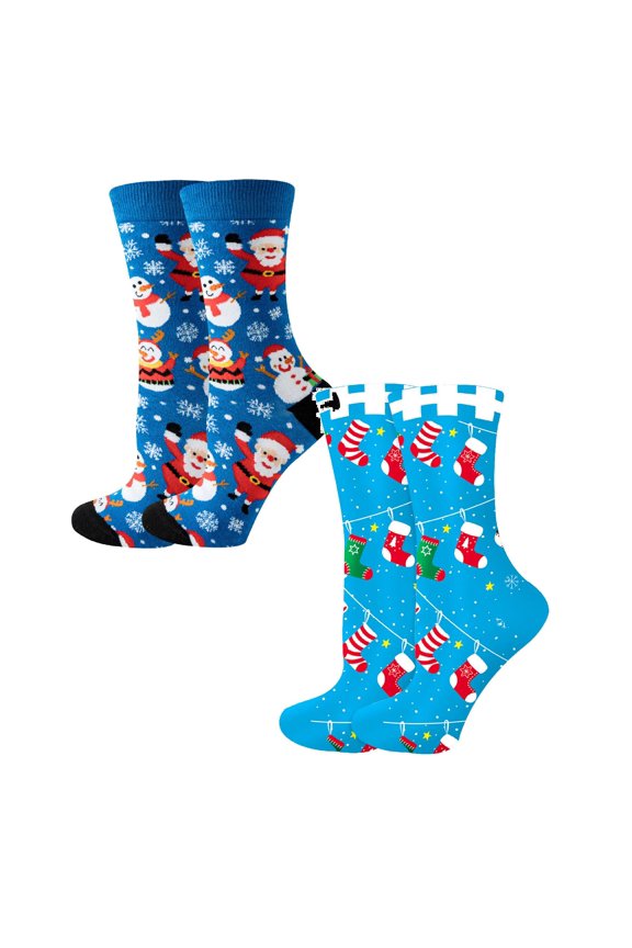 2 Pack Christmas Stockings Traditional Blue Cartoon Dance Santa Snowman Mid Tube Socks Socks Christmas Tree Women's Socks One Size