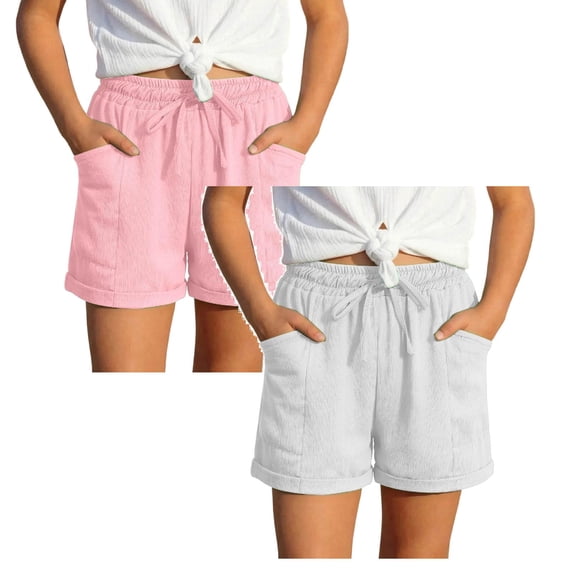 XEGLSBU 2 Pack Girl's Casual Shorts with Pockets Solid Color Bottom Soft Comfortable Elastic Waist Summer Playwear Size 6-7 Years