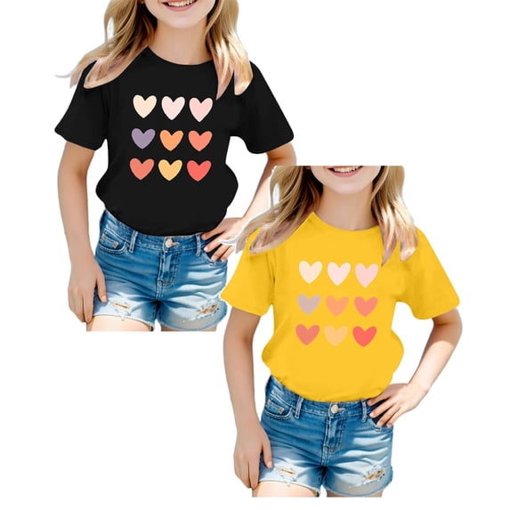 XEGLSBU 2 Pack Girls Shirts with Heart Printing Short Sleeve Tee Casual Tops Summer (Size 11-12 Years)