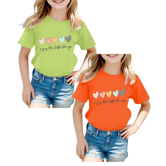 XEGLSBU 2 Pack Girls Shirts with Letter and Heart Printing Round Neck Short Sleeve Tee Summer Casual T Shirt (Size 8-9 Years)