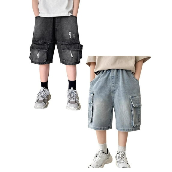 XEGLSBU 2 pack Boys Shorts Size 14-16 Boys Cargo Denim Shorts for Kids Comfortable Casual Summer Outdoor Play Durable Pocket Workwear Jeans Shorts for School and Daily Wear Size 7-8 Years