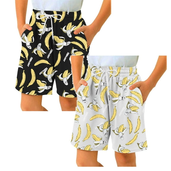 XEGLSBU 2 pack Boys Shorts Size 5-6 Youth Small Boys Shorts for Toddler Kids Youth Comfort Summer Casual Outdoor Sports Banana Print Elastic Waist Soft Play Shorts Size 11-12 Years