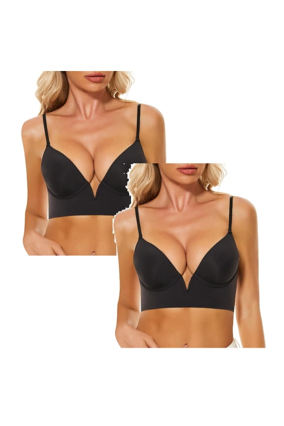 2PCS Bras for Women Pack V Low Cut Large Open Back U Shaped Seamless Underwear Small Chest Gathered Sagging Bra without Steel Ring Size 34