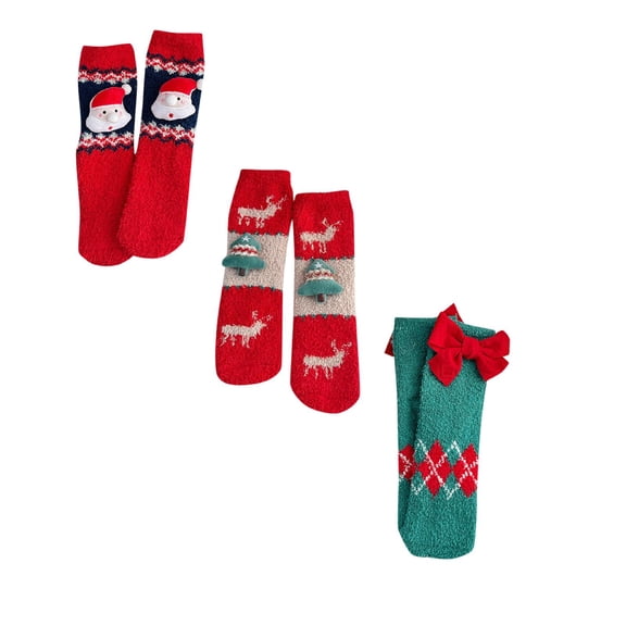 XEGLSBU 3 Pack Christmas Stocking Holder Set Christmas Cartoon Coral Velvet Mid Tube Socks Warm Thick Red One Size