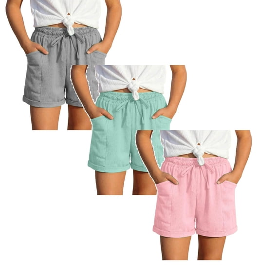 XEGLSBU 3 Pack Girl's Casual Shorts with Pockets Solid Color Bottom Soft Comfortable Elastic Waist Summer Playwear Size 10-11 Years