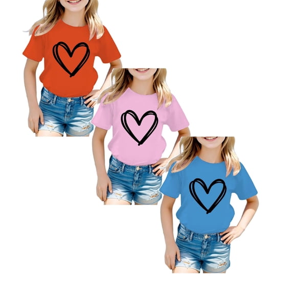 XEGLSBU 3 Pack Girls Shirts with Cute Heart Printing Round Neck Short Sleeve Tee Summer Casual T Shirt (Size 5-6 Years)