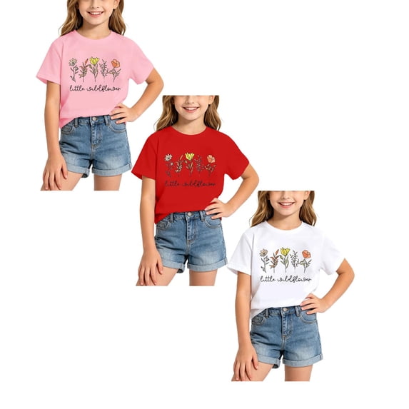 XEGLSBU 3 Pack Girls T Shirts Short Sleeve Floral Print Soft Summer Round Neck Comfort Fit Tops for Kids Everyday Wear Breathable Shirt Size 2-4 Years