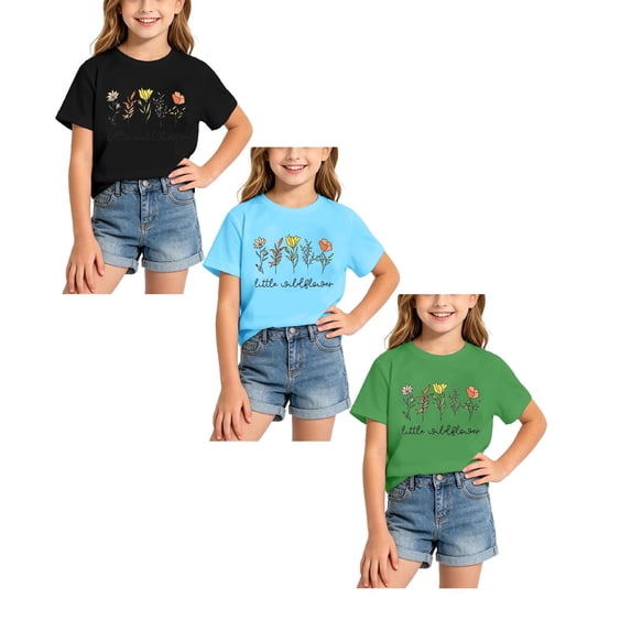 XEGLSBU 3 Pack Girls T Shirts Short Sleeve Floral Print Soft Summer Round Neck Comfort Fit Tops for Kids Everyday Wear Breathable Shirt Size 6-8 Years